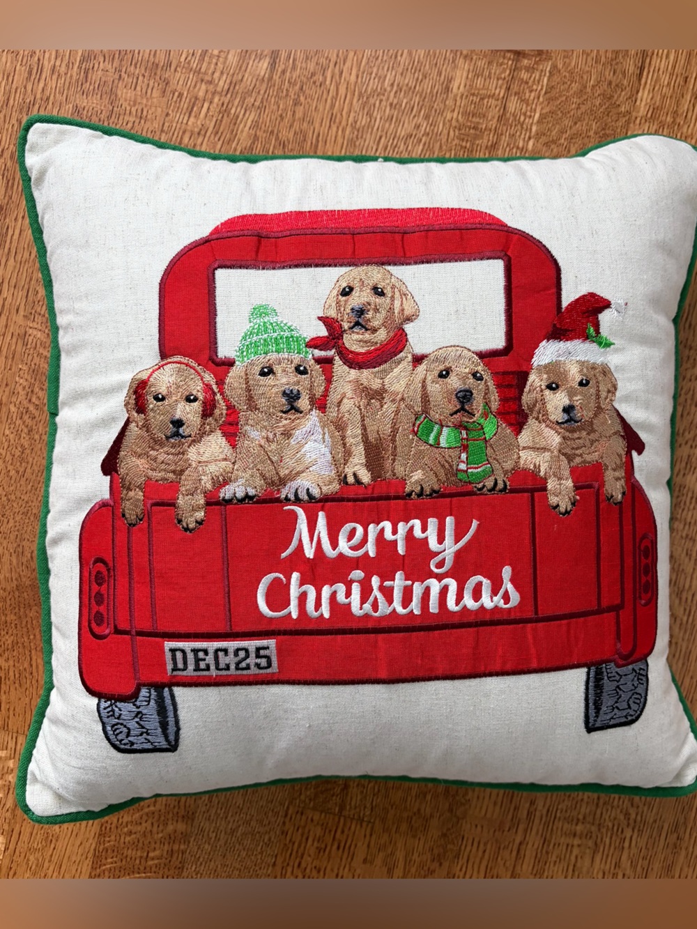 Pier 1 Merry Christmas Embroidered Pillow Puppy Dogs Red Truck Golden Retriever